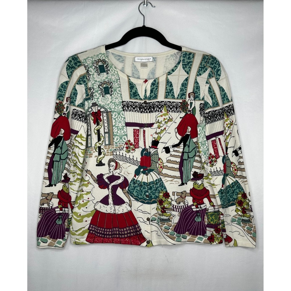Christopher & Banks Victorian Winter Scene Christmas Cardigan Cotton Large